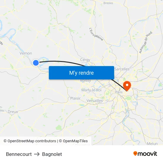 Bennecourt to Bagnolet map
