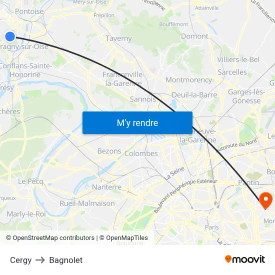 Cergy to Bagnolet map