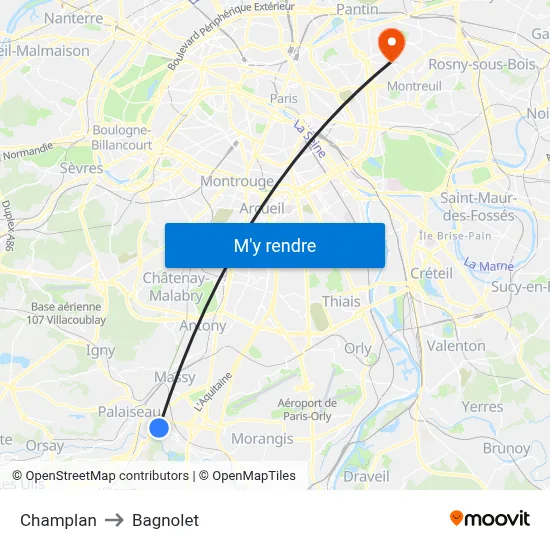Champlan to Bagnolet map