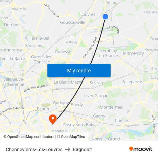Chennevieres-Les-Louvres to Bagnolet map
