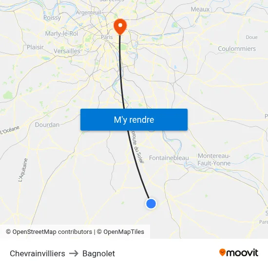Chevrainvilliers to Bagnolet map