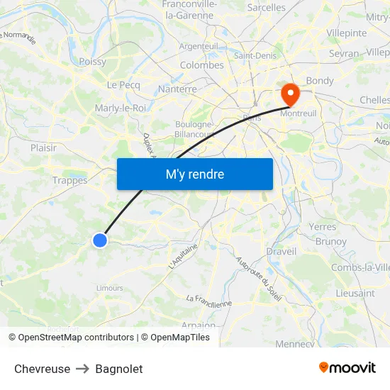 Chevreuse to Bagnolet map