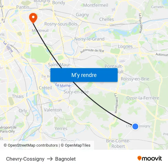 Chevry-Cossigny to Bagnolet map