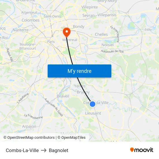 Combs-La-Ville to Bagnolet map