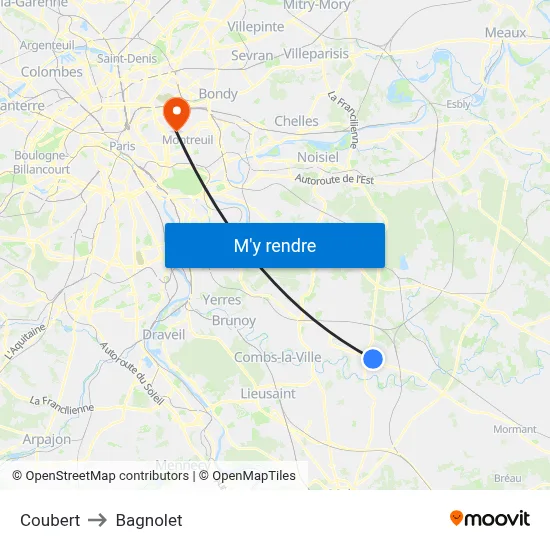 Coubert to Bagnolet map