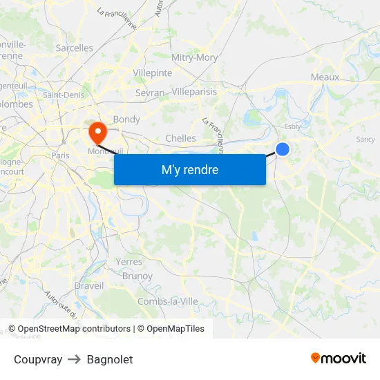 Coupvray to Bagnolet map