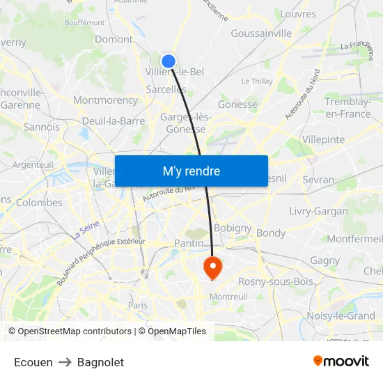 Ecouen to Bagnolet map