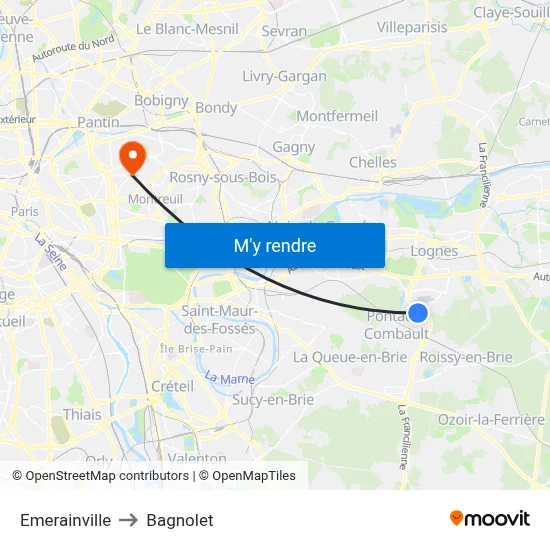 Emerainville to Bagnolet map