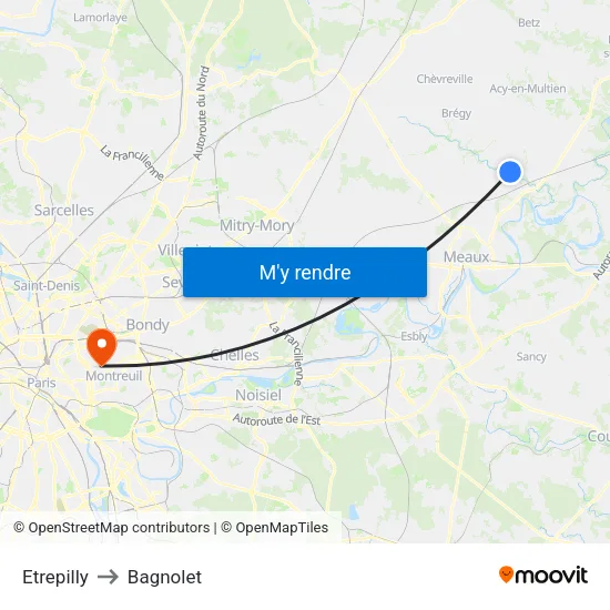 Etrepilly to Bagnolet map