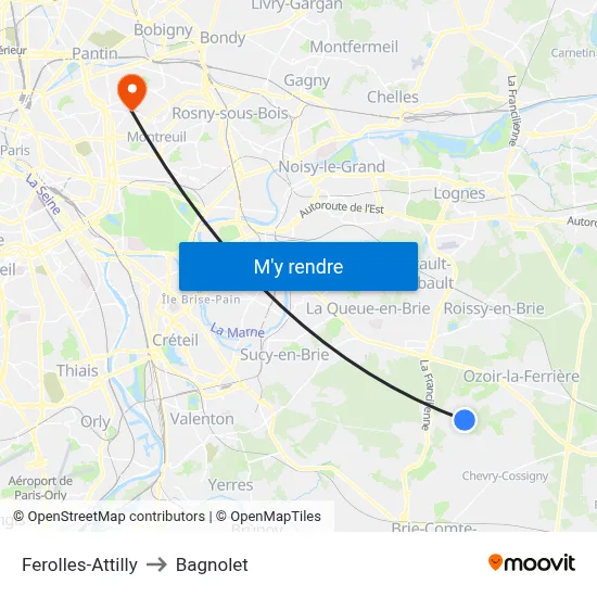 Ferolles-Attilly to Bagnolet map