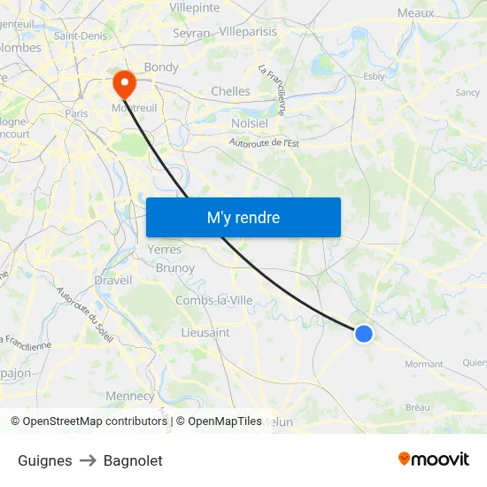 Guignes to Bagnolet map