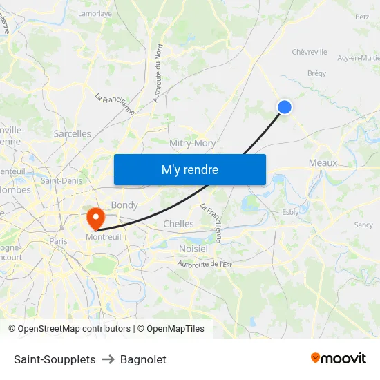 Saint-Soupplets to Bagnolet map