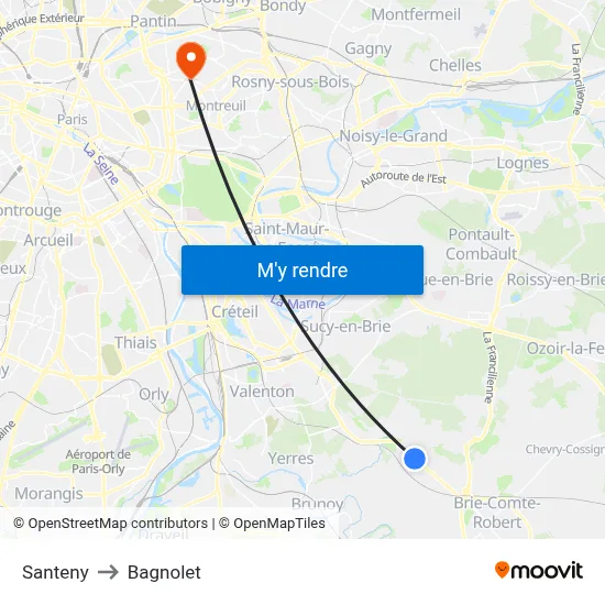 Santeny to Bagnolet map