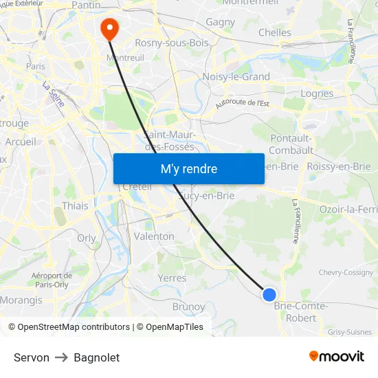 Servon to Bagnolet map