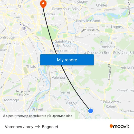 Varennes-Jarcy to Bagnolet map