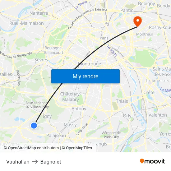 Vauhallan to Bagnolet map
