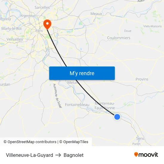 Villeneuve-La-Guyard to Bagnolet map