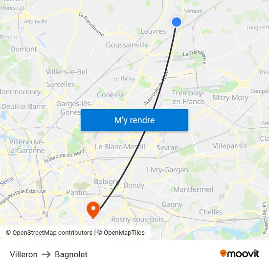 Villeron to Bagnolet map