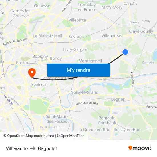 Villevaude to Bagnolet map