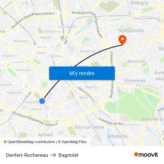 Denfert-Rochereau to Bagnolet map