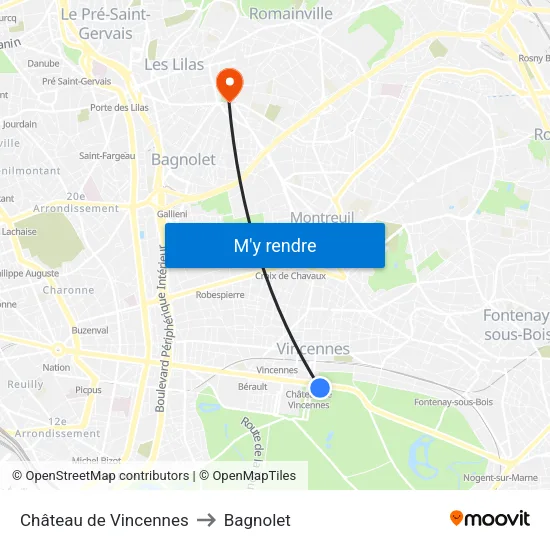 Château de Vincennes to Bagnolet map