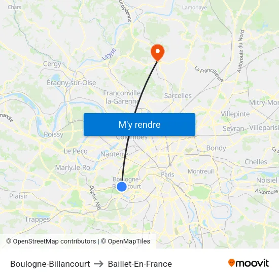 Boulogne-Billancourt to Baillet-En-France map