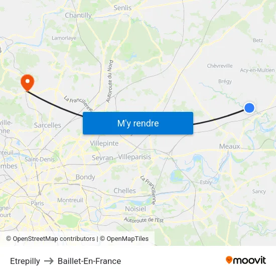 Etrepilly to Baillet-En-France map