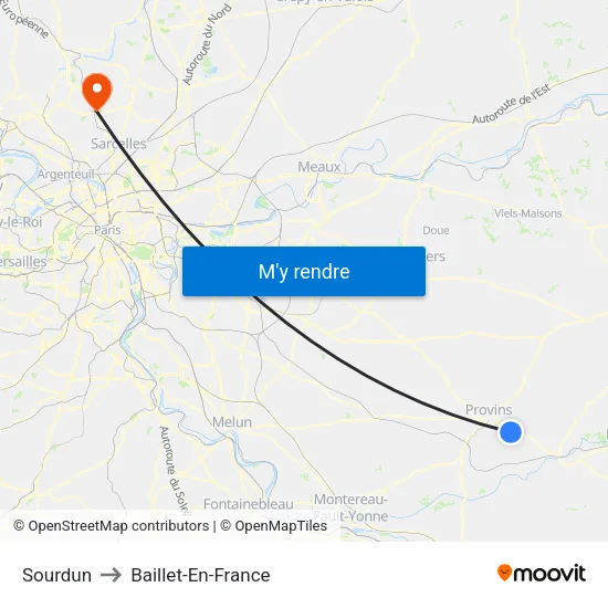 Sourdun to Baillet-En-France map