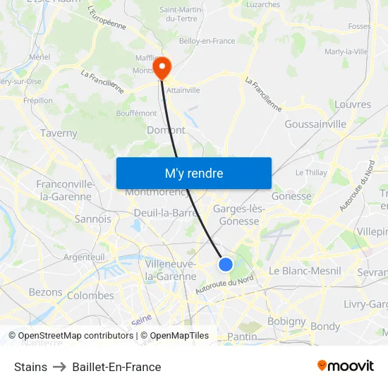Stains to Baillet-En-France map