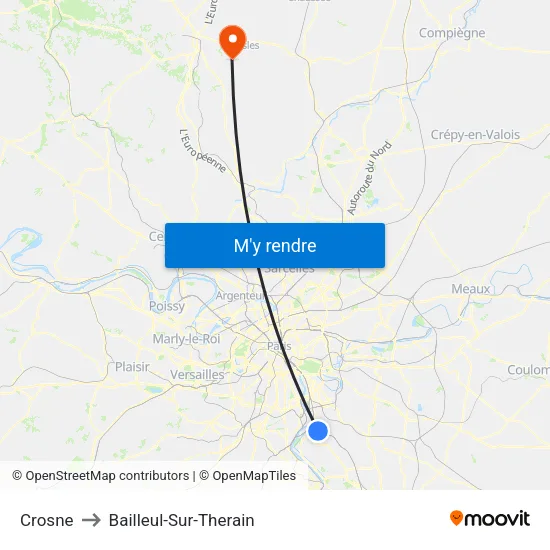 Crosne to Bailleul-Sur-Therain map