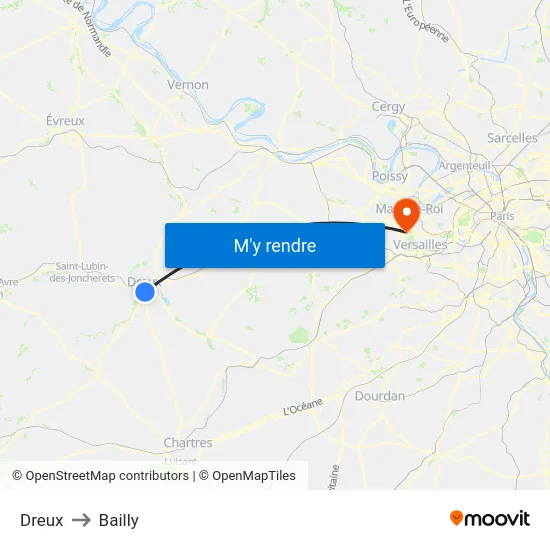 Dreux to Bailly map