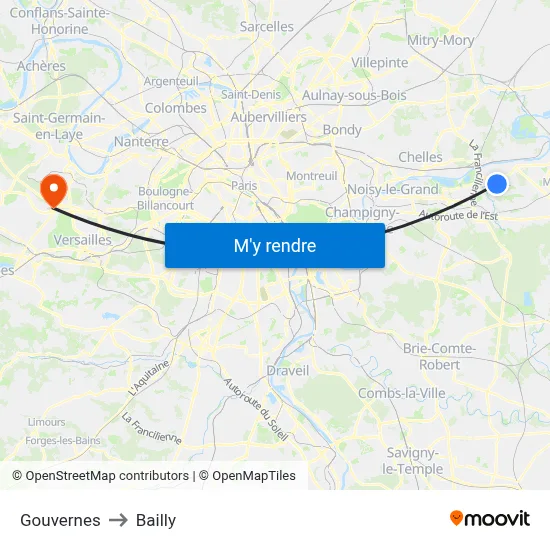 Gouvernes to Bailly map