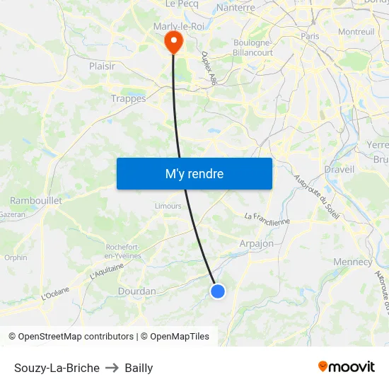 Souzy-La-Briche to Bailly map