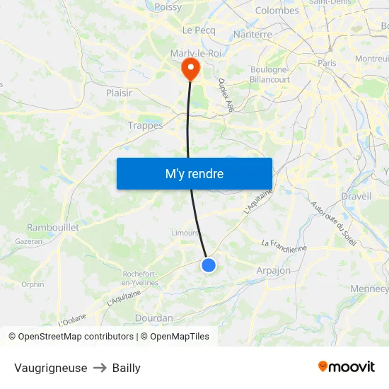 Vaugrigneuse to Bailly map