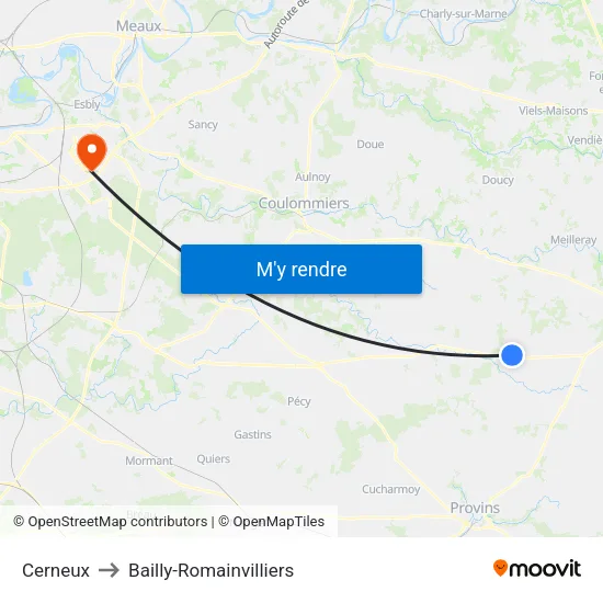 Cerneux to Bailly-Romainvilliers map