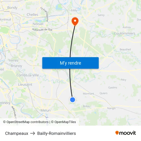 Champeaux to Bailly-Romainvilliers map