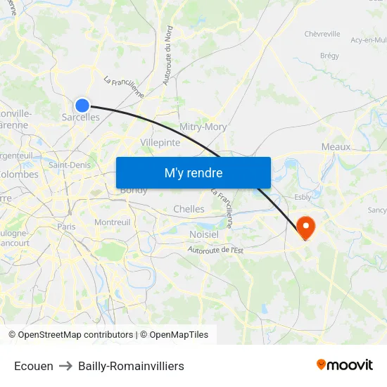 Ecouen to Bailly-Romainvilliers map