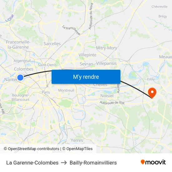 La Garenne-Colombes to Bailly-Romainvilliers map