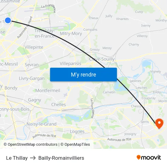 Le Thillay to Bailly-Romainvilliers map