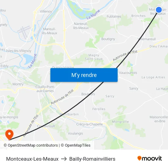 Montceaux-Les-Meaux to Bailly-Romainvilliers map