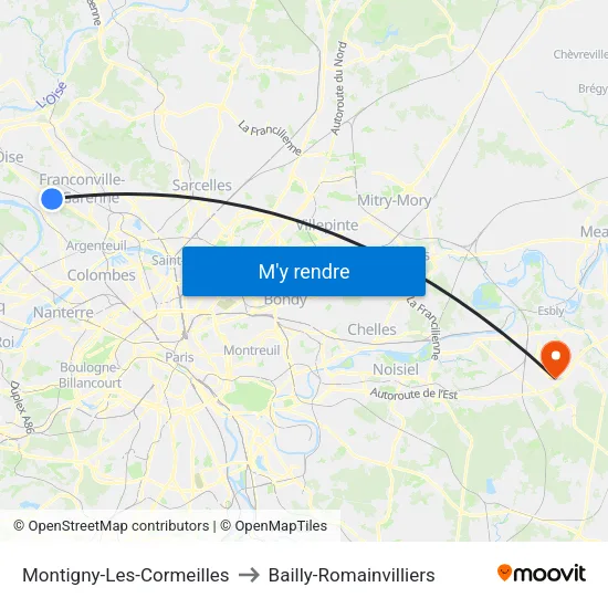 Montigny-Les-Cormeilles to Bailly-Romainvilliers map