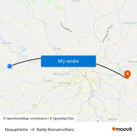 Neauphlette to Bailly-Romainvilliers map