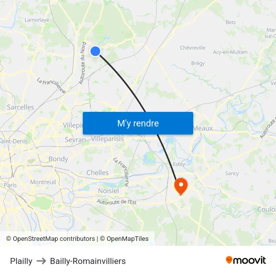 Plailly to Bailly-Romainvilliers map