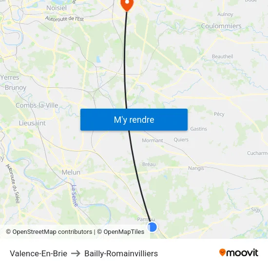 Valence-En-Brie to Bailly-Romainvilliers map