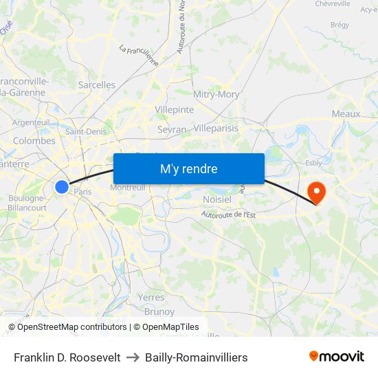Franklin D. Roosevelt to Bailly-Romainvilliers map