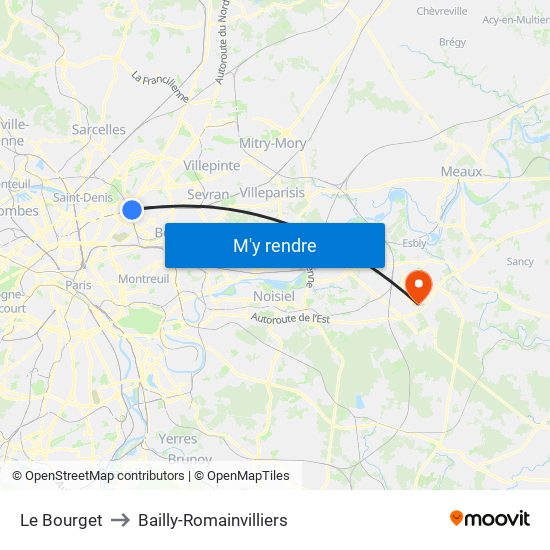 Le Bourget to Bailly-Romainvilliers map