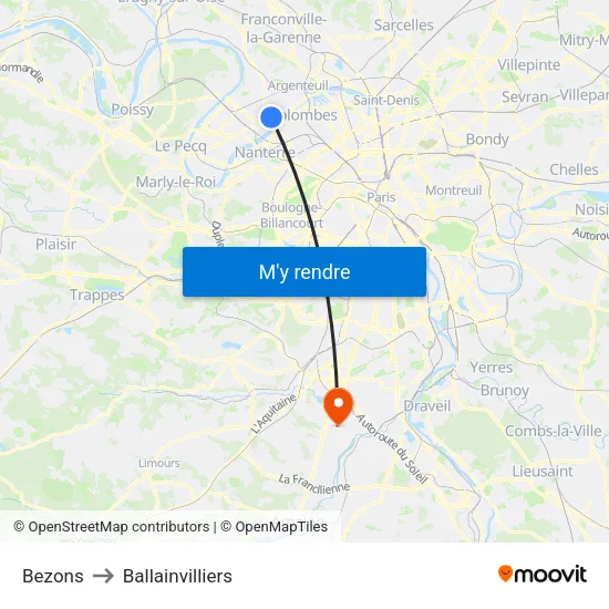 Bezons to Ballainvilliers map