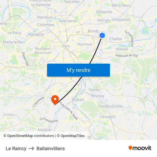 Le Raincy to Ballainvilliers map