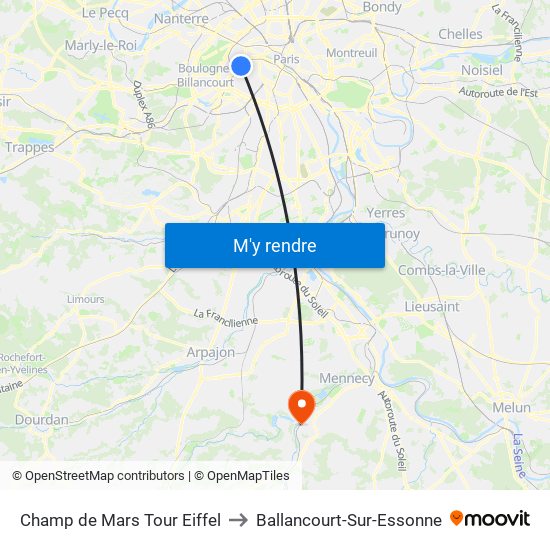 Champ de Mars Tour Eiffel to Ballancourt-Sur-Essonne map
