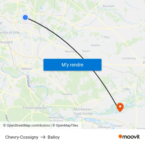 Chevry-Cossigny to Balloy map